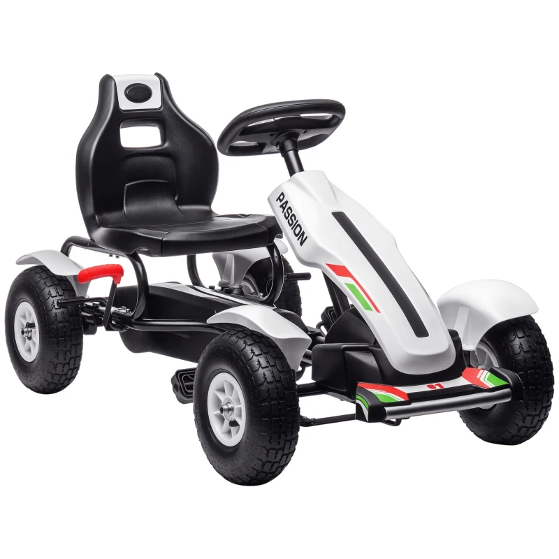 Aosom Pedal Go Kart for Kids, Pedal Car with Adjustable Bucket, Handbrake, 4 Rubber Wheels Powered Ride, White