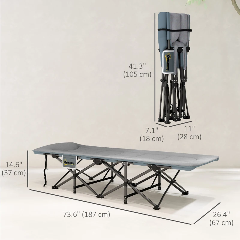 Outsunny 26.4" Wide Folding Bed, Camping Cot for Adults with Cushion, Storage Pocket, Max Load 330 LBS, Grey