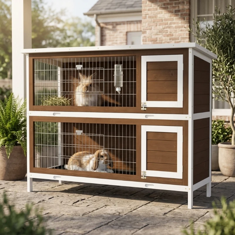 PawHut Wooden Rabbit Hutch w/ Dividers Asphalt Roof for Small Animals & Outdoors, Brown