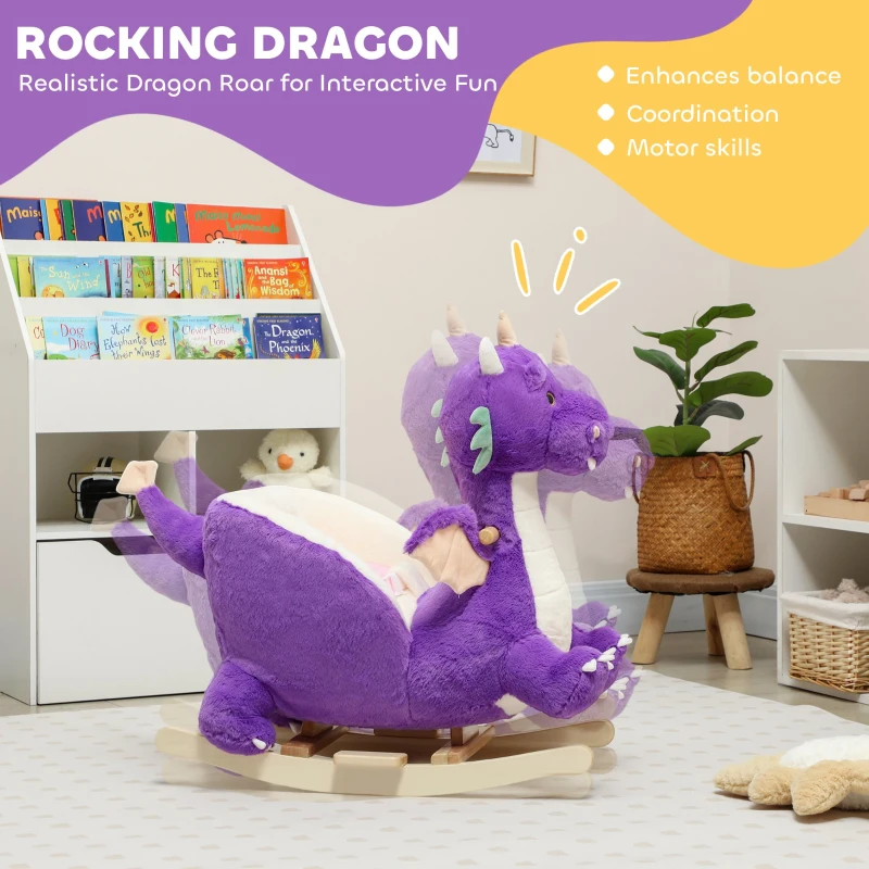 Qaba Baby Rocking Horse, Kids Ride On Dragon Toy with Realistic Dragon Roar and Safety Belt for Kids 18–36 Months, Purple
