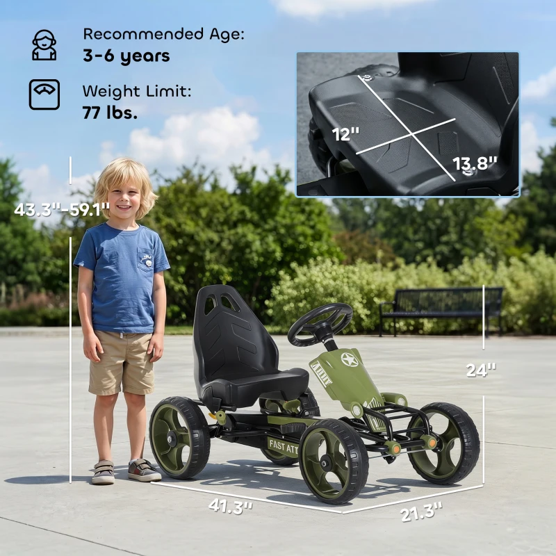 Aosom Pedal Go Kart for Kids with Adjustable Seat for 3-6 Year Old Boys and Girls, Green