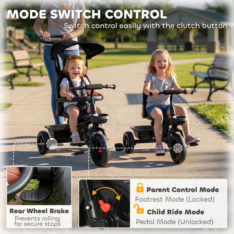 Qaba Tricycle for Toddler 5 in 1 Kids Trike, Converts Stroller to Toddler Bike, Adjustable Backrest & Flat Canopy, Detachable Guardrail & Handle for 1-5 Years Old, Black