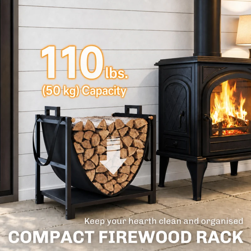 Outsunny 19 Inch Firewood Rack with Carrier, 110 lb Heavy Duty Steel Log Store Indoors, Fireplace Log Storage Holder, Black