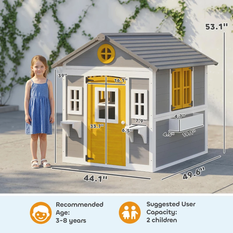 Outsunny Wooden Playhouse for Kids Outdoor with Doors, Windows, Planter Pots and Boxes for Toddlers 3-8 Years, Gray