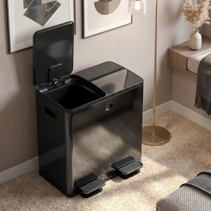 HOMCOM Trash Can, 2 x 5 Gallon Stainless Steel Garbage Can with Soft Close, Stay-Open Lid, Pedals, Inner Buckets, Black