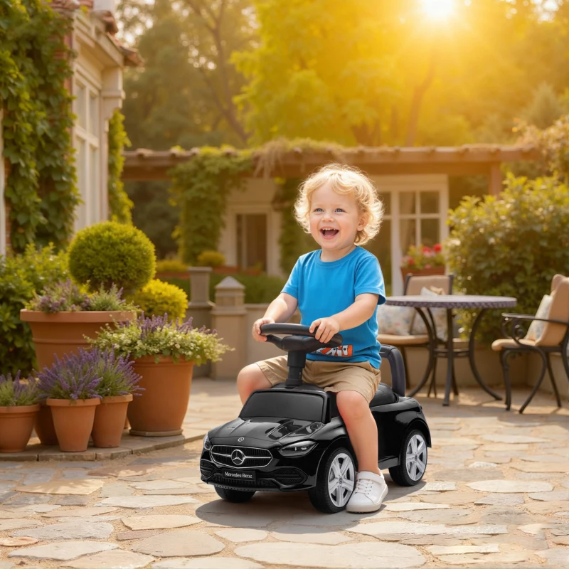 Qaba Mercedes-Benz C-Class Licensed Ride-On Push Car, Baby Stroller Walking Car with Parent Control Handle, Horn, Black