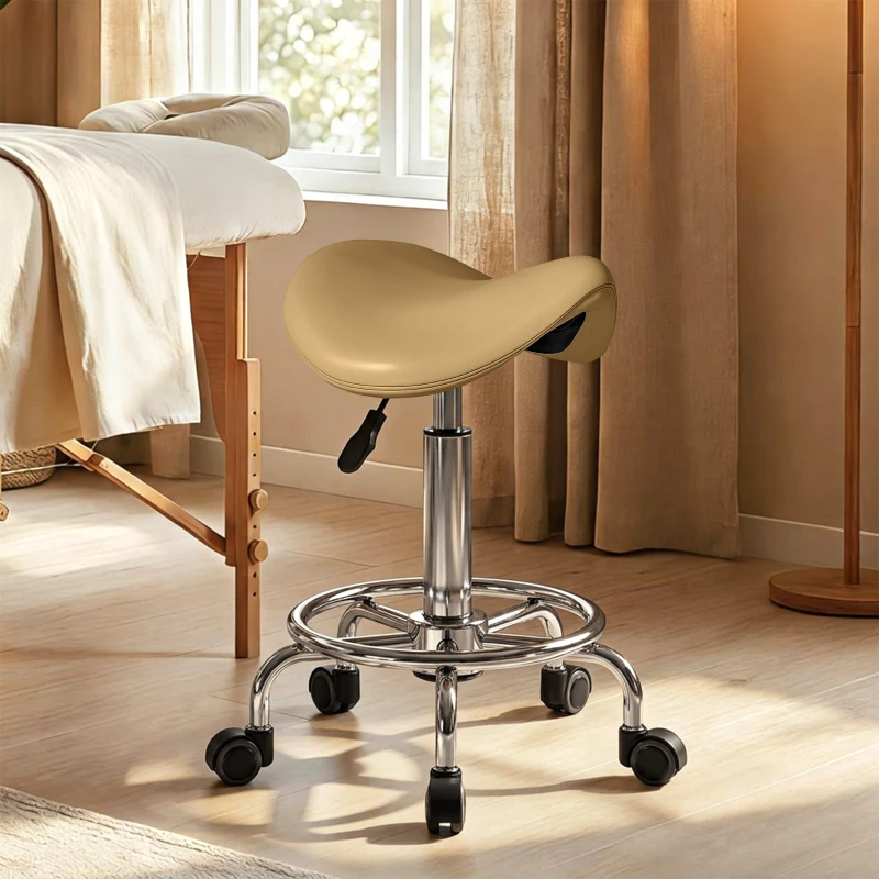 HOMCOM Saddle Stool, PU Leather Adjustable Rolling Salon Chair, Light Brown