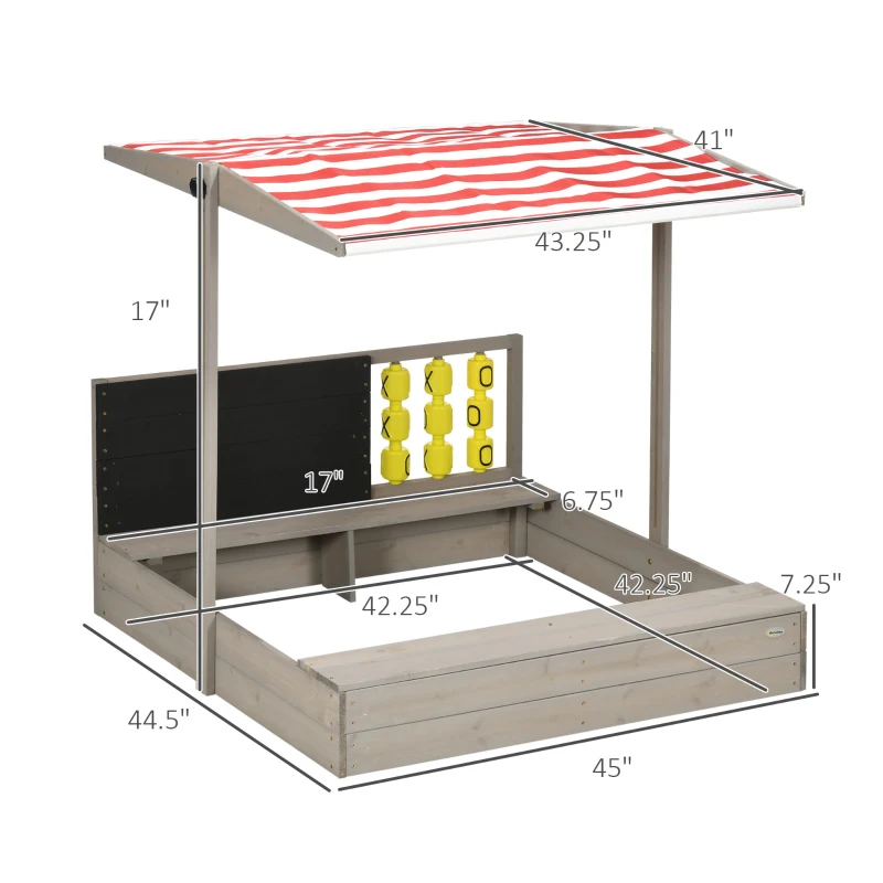 Outsunny Kids Sandbox with Canopy, Bench Seats Wooden Sand Pit, Backyard Toy with Chalkboard, Tic Tac Toe Game, Gift for Girls and Boys, Ages 3-7