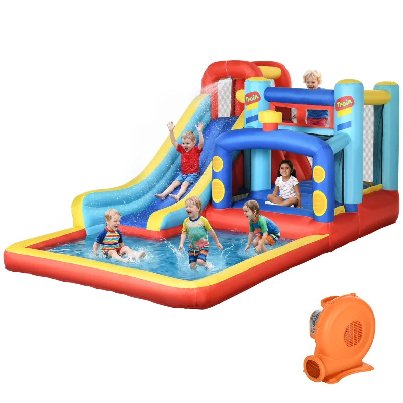 Qaba 14.3 x 8FT Inflatable Bounce House, 4 in 1 Bouncy Castle with Slide, Climbing Wall, Jumping Area, Pool and Blower