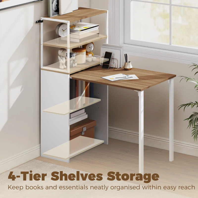 HOMCOM Folding Computer Desk with 4-Tier Bookshelf Space-Saving Home Office Desk, Natural