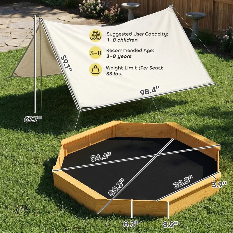 Qaba Wooden Sandbox with Large Canopy, Outdoor Sand Box with 4 Bench Seats, Bottom Liner for 8 Kids Aged 3-8, Yellow