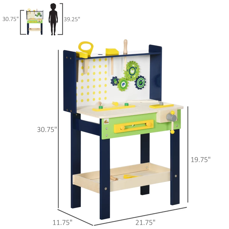Qaba Wooden Kids Tool Bench with 27 Piece Tool Kit, Construction Work Shop Toy for Toddlers & Ages 3-6, Kids Workbench Playset Gift for Girls and Boys