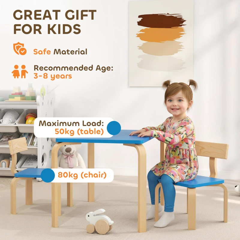 Qaba Kids Table and 2 Chair Set, Children Multi-Activity Furniture Set for Playing, Learning, Eating, Craft, Blue