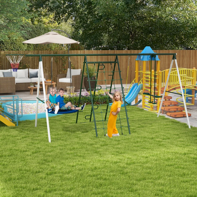 Outsunny Metal Swing Set for Backyard with 1 Saucer Swing, Basketball Hoop, 1 Seat, 1 Swing Glider, Climbing Net and Steps