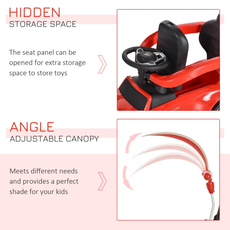 Aosom MERCEDES-AMG C63 Licensed Ride on Push Cars for Toddlers, Sliding Walking Car with Sun Canopy, Horn, Music, Safety Bar, Cup Holder and Storage, Red
