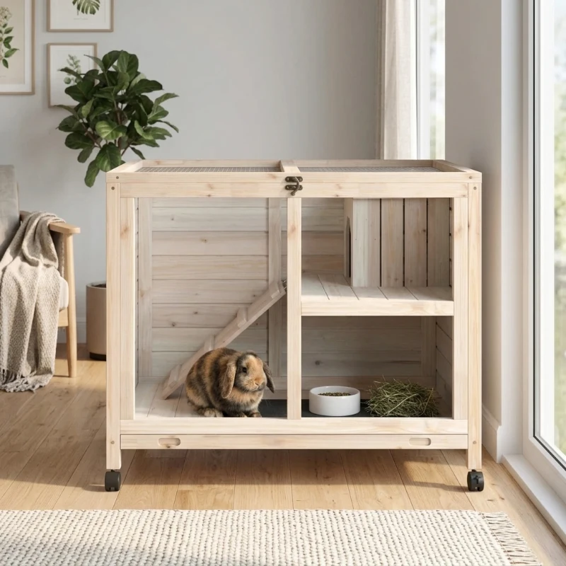 PawHut Rabbit Hutch with Wheels, Desk and Side Table Sized, Wooden Rabbit Cage, Waterproof Small Bunny Cage with Removable Tray, Openable Roof, for Rabbits, Chickens, Ducks, Indoor/Outdoor, Natural