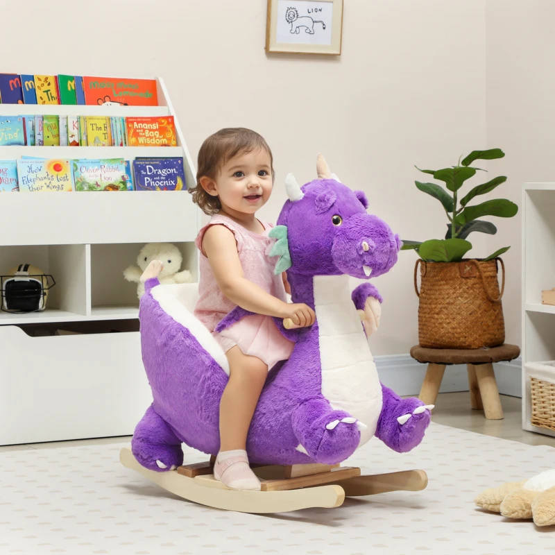 Qaba Baby Rocking Horse, Kids Ride On Dragon Toy with Realistic Dragon Roar and Safety Belt for Kids 18–36 Months, Purple
