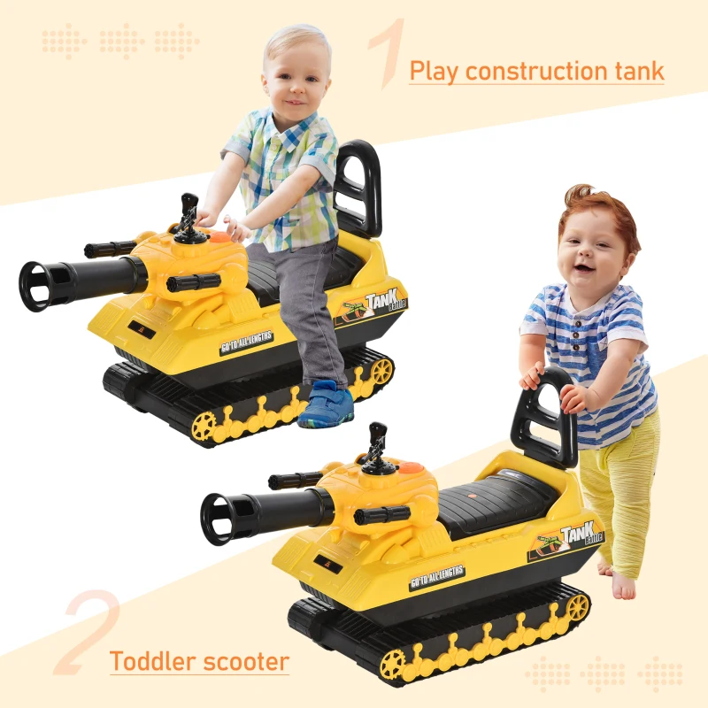 HOMCOM NO Power 3 in 1 Ride-on Construction Tank with Shooting Gun, Sliding Puch Car and Toddler Walking Car with Storage Seat