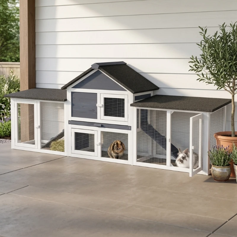 PawHut Outdoor Rabbit House 83" 2 Story Deluxe XL Wooden Rabbit Hutch, Big Bunny Cage w/ Ladder and Run, Dark Gray