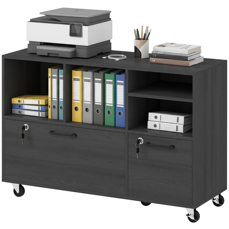 HOMCOM File Cabinet, 2 Drawer Mobile Lateral Filing Cabinet Printer Stand with Lock, Charging Station, Hanging Bars, Black