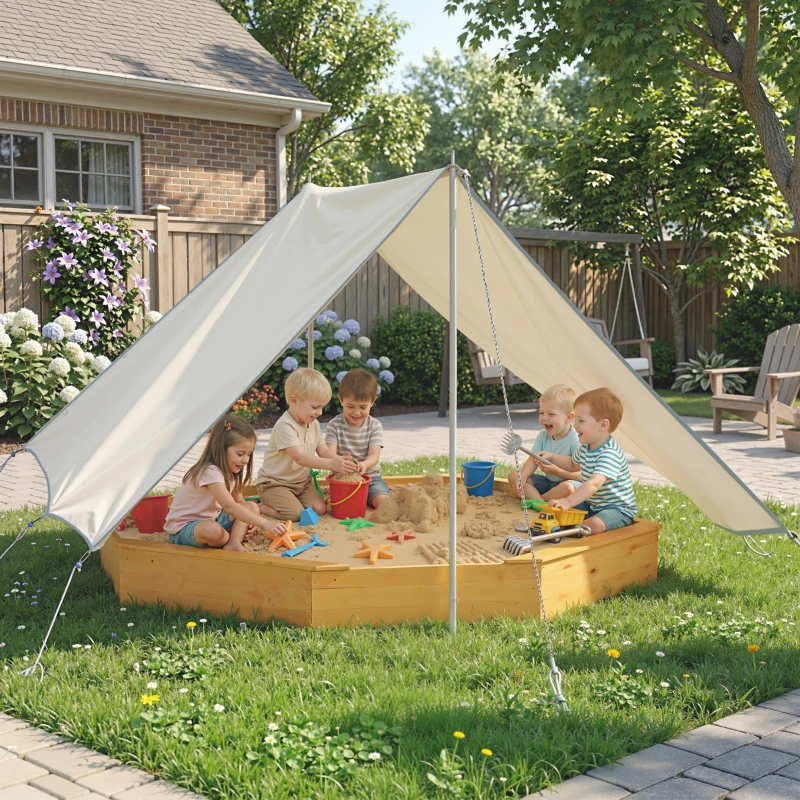 Qaba Wooden Kids Wooden Sandbox with Large Canopy, Outdoor Sand Box with 4 Bench Seats, Bottom Liner for Aged 3-8, Yellow