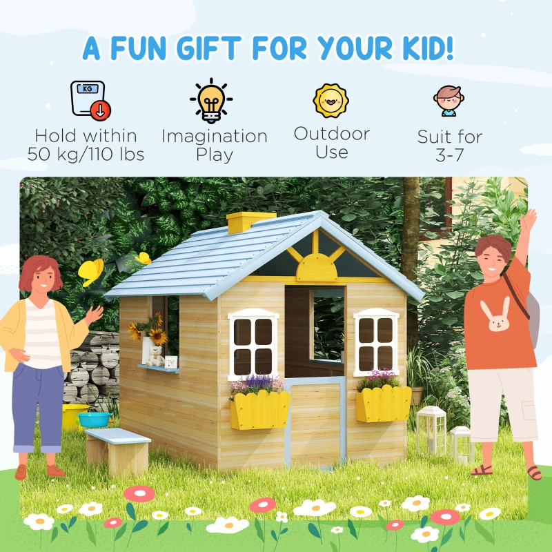 Outsunny Wooden Playhouse for Kids Outdoor Garden with Working Door, Windows, Bench, Service Station, Flowers Pot Holder, Blue