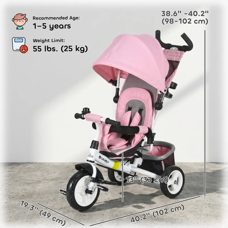 Qaba 6 in 1 Tricycle for Toddler 1-5 Years with Parent-Push Handle, Pink