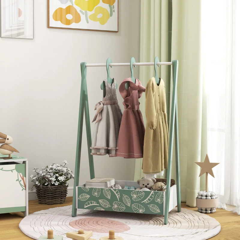Qaba Kids Clothing Rack with Storage Shelf, Hangers, for Nursery Room, Living Room, Playroom, Green