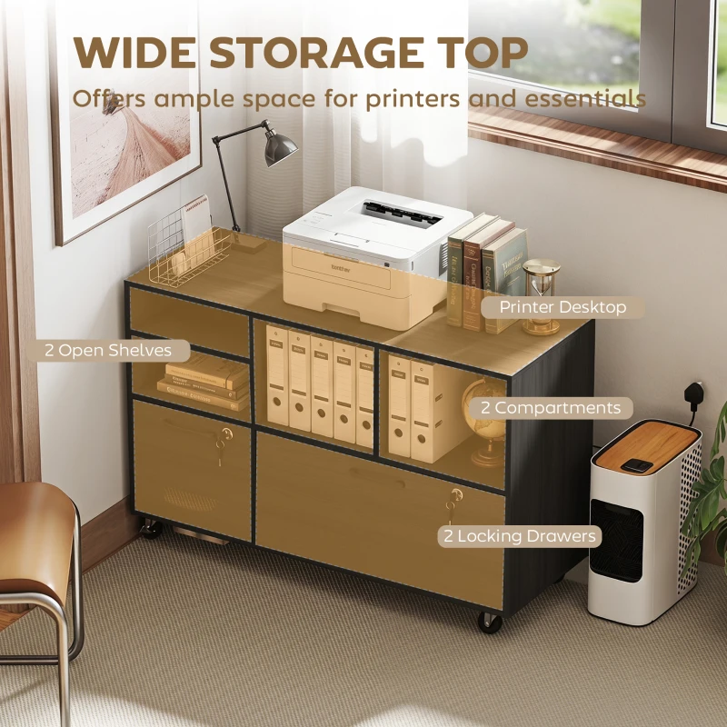 HOMCOM File Cabinet, 2 Drawer Mobile Lateral Filing Cabinet Printer Stand with Lock, Charging Station, Hanging Bars, Black