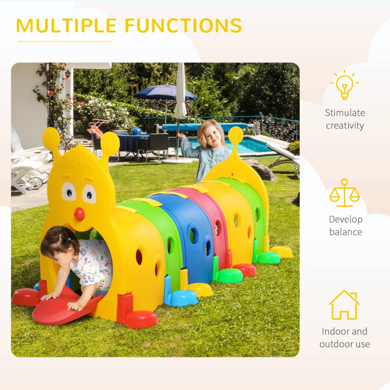 Qaba Caterpillar Play Tunnel, Toddler Tunnel for Kids Crawl and Climb Through, Kids' Play Structure Indoor Outdoor, 6 Sections, Multicolored