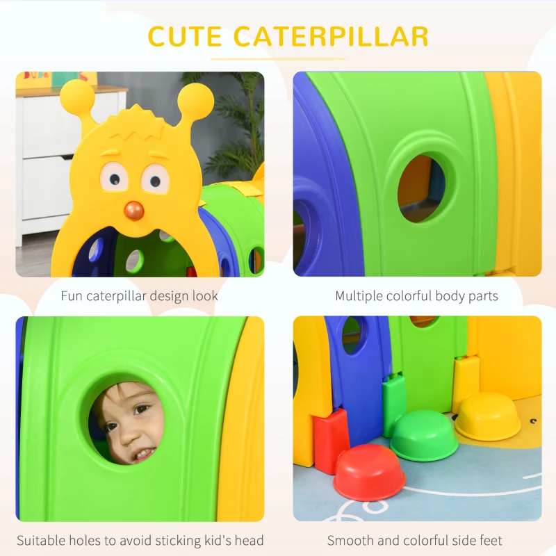 Qaba Caterpillar Play Tunnel, Toddler Tunnel for Kids Crawl and Climb Through, Kids' Play Structure Indoor Outdoor, 4 Sections, Multicolored