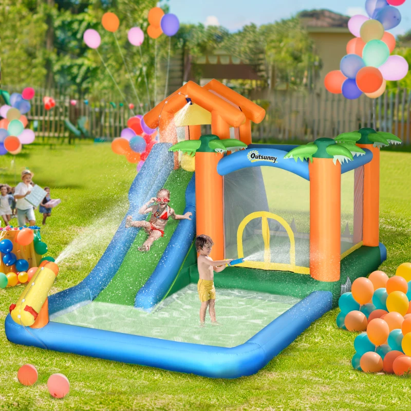 Outsunny 5-in-1 Kids Inflatable Bounce House Jumping Castle with Slide, Climbing Wall, Trampoline, & Water Pool Area, Water Cannon, Sea Balls, Air Blower