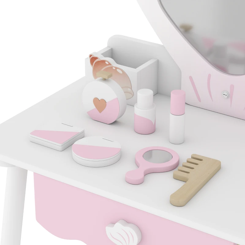 Qaba Kids Vanity Set, Makeup Vanity Table with Lights, Mirror, Stool, 7Pcs Accessories, Pretend Play Set for 3-8 Years, Pink