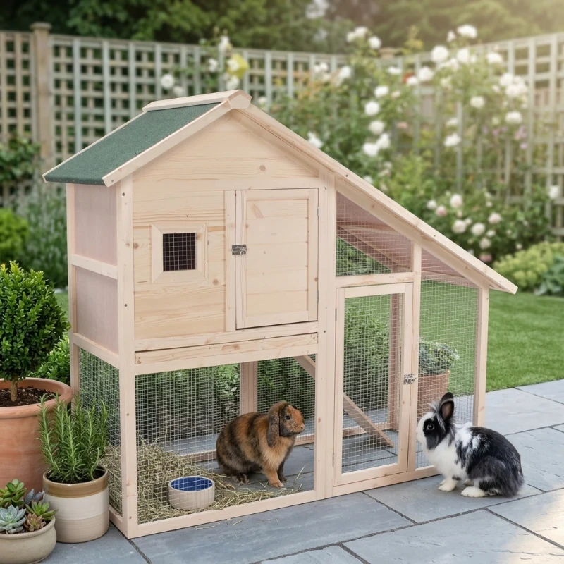 PawHut 55" L 2-Tier Wooden Rabbit Hutch Bunny Cage