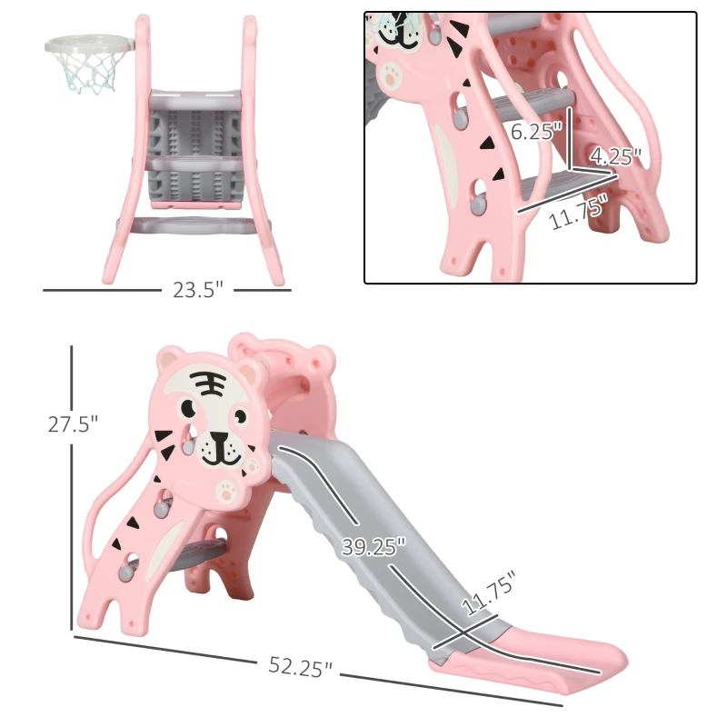Qaba Slide for Kids with Basketball Hoop for Indoor Use, Easy Set Up Baby Slide for Kids 18-36 Months, Pink