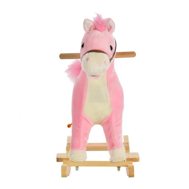 Qaba Rocking Horse Plush Animal on Wooden Rockers, Baby Rocking Chair with Sounds, Moving Mouth, Wagging Tail, Pink