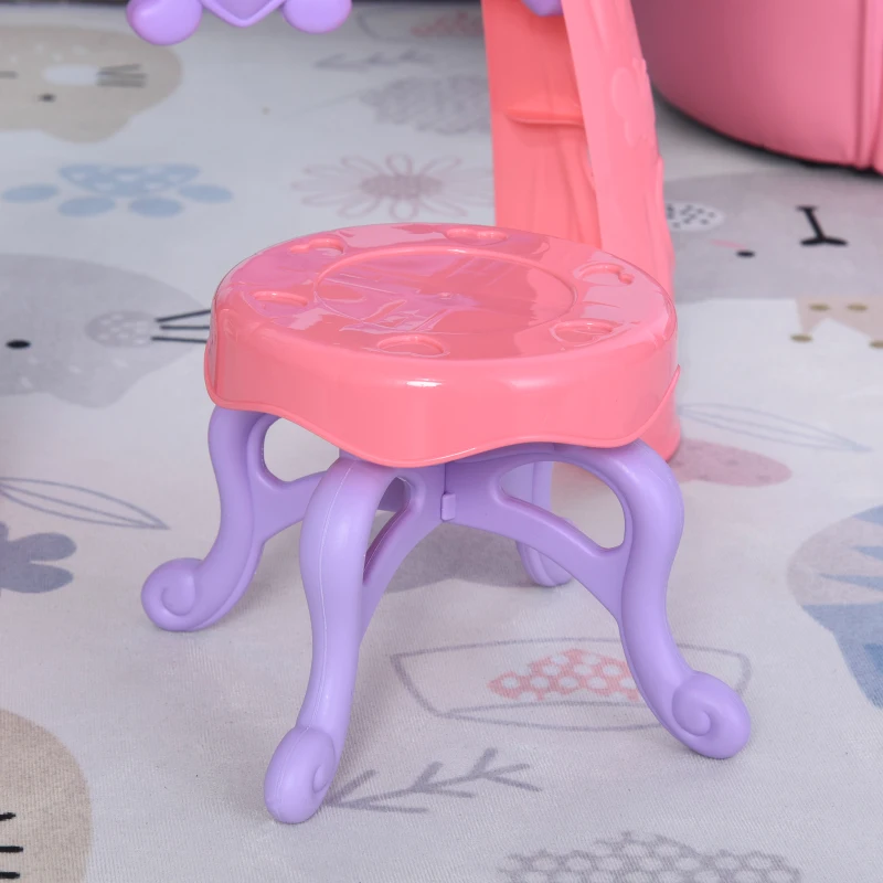 Qaba Kids Vanity Table and Stool, Beauty Pretend Play Set with Mirror, Lights, Sounds & Beauty Makeup Accessories for 3-Year-Olds, Pink