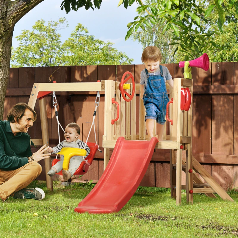 Outsunny 4-in-1 Wooden Swing Set with Swing, Slide, Horn, Steering Wheel, Red