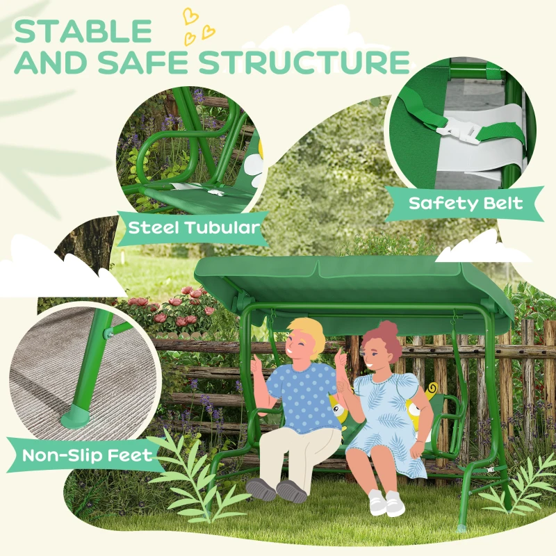 Qaba Kids Patio Swing Chair with Adjustable Canopy, Safety Belt for Patio, Garden, Poolside, Balcony, Dark Green