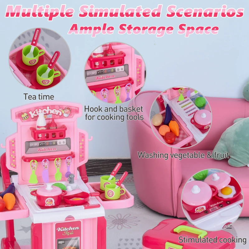 Qaba Pretend Play Kitchen Playset Chef Role Play Game 3-in-1 Design Suitcase Cart with 42 Pcs Accessories for Girls and Boys 3 to 6 Years Old Pink