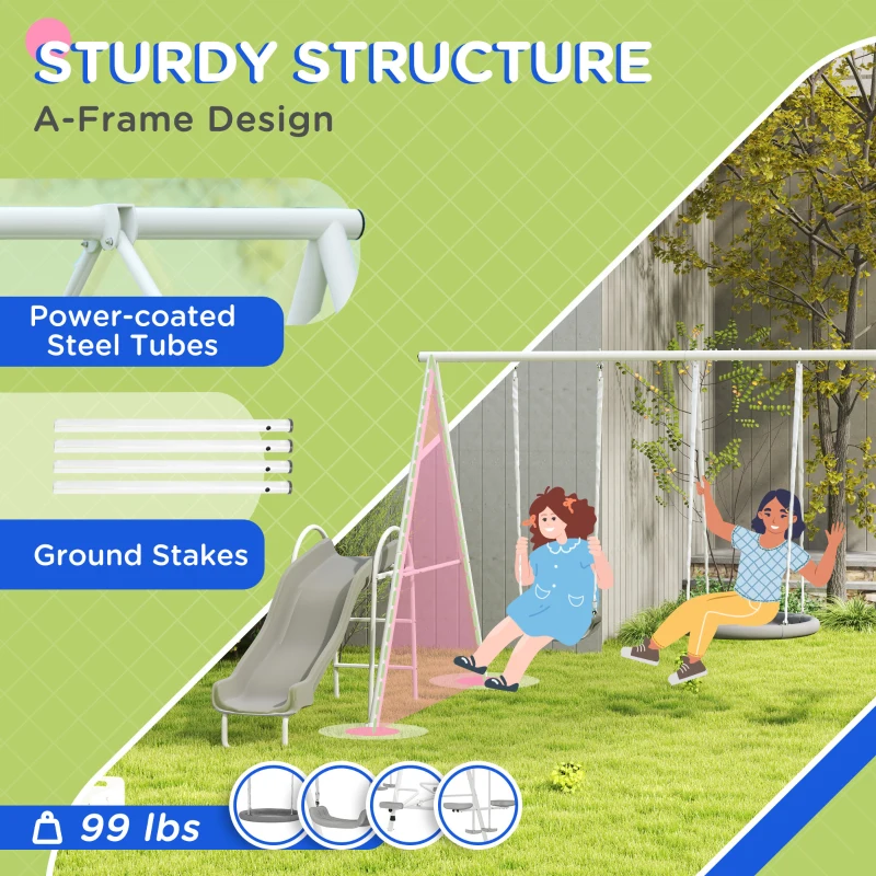 Outsunny 5 in 1 Kids Swing Set for Backyard with Heavy-Duty A-Frame Stand, Saucer Swing, Slide, Seesaw, Glider, Swing Seat, Gray