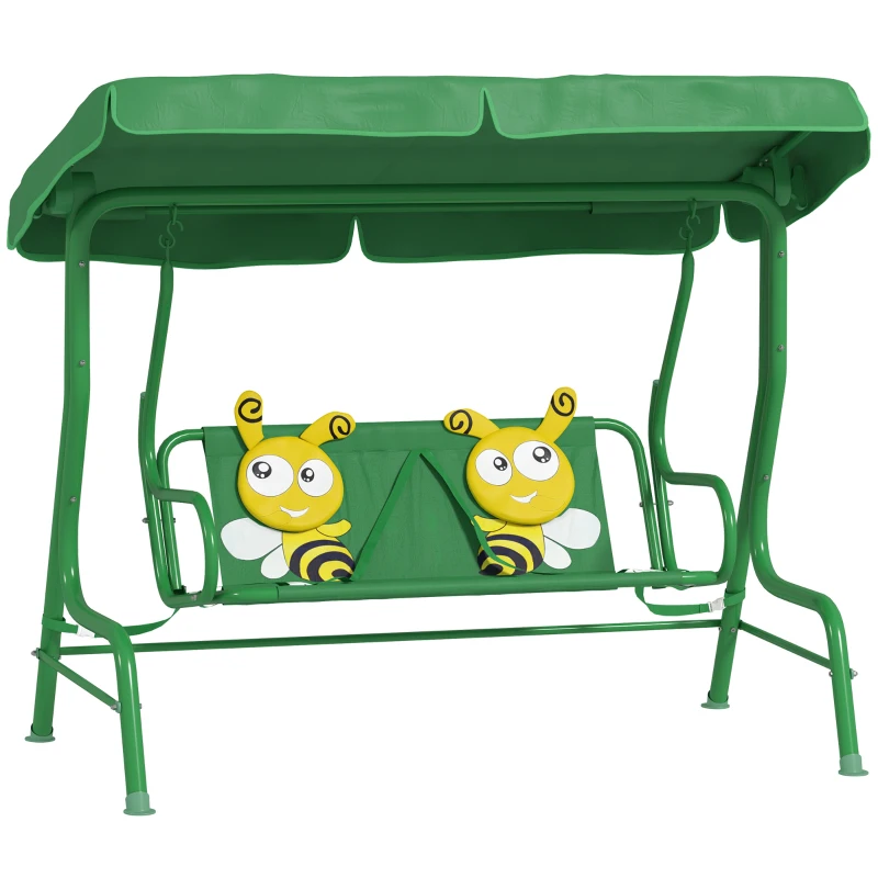 Qaba Kids Patio Swing Chair with Adjustable Canopy, Safety Belt for Patio, Garden, Poolside, Balcony, Dark Green