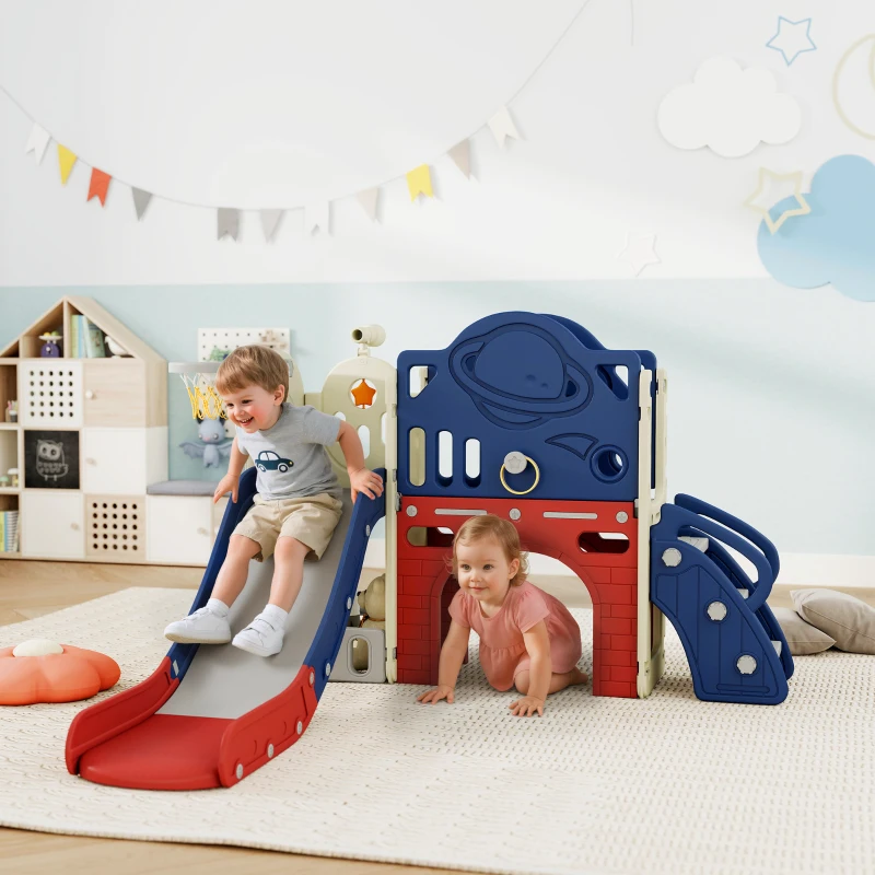 Qaba 8-in-1 Toddler Slide Set with Basketball Hoop, Indoor Outdoor Playground Playset for Kids, Blue