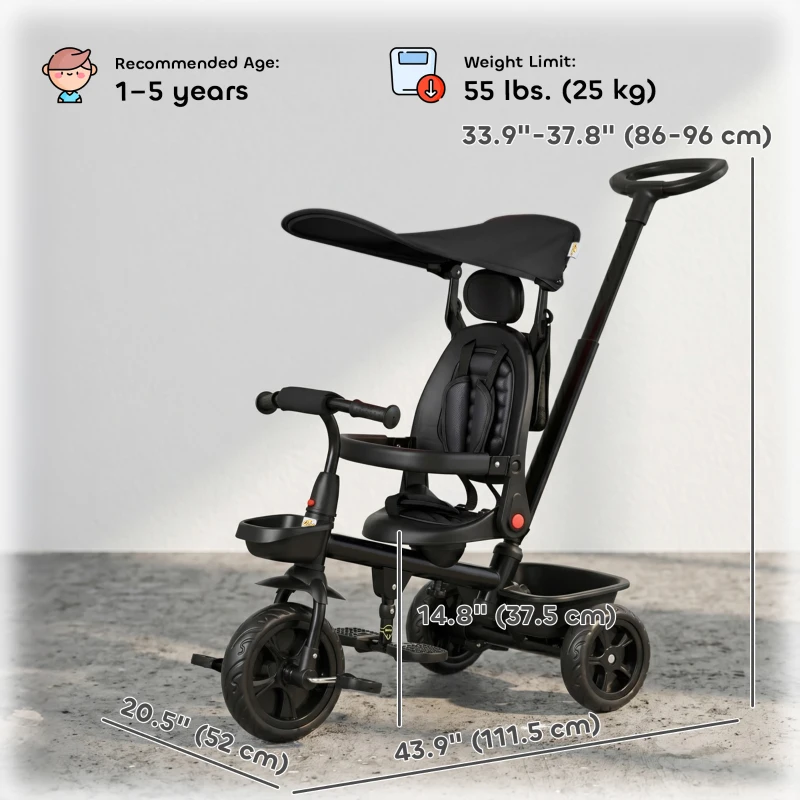 Qaba Tricycle for Toddler 5 in 1 Kids Trike, Converts Stroller to Toddler Bike, Adjustable Backrest & Flat Canopy, Detachable Guardrail & Handle for 1-5 Years Old, Black