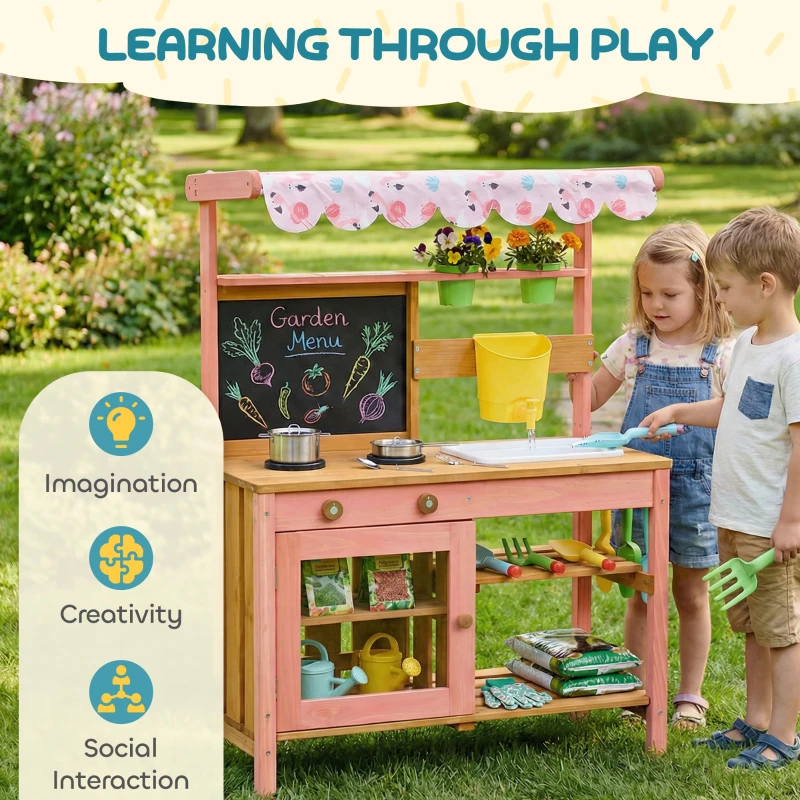 Qaba Kids Mud Kitchen with Canopy, Outdoor Wooden Play Kitchen with Planter Box, Accessories for Age 3-6, Pink