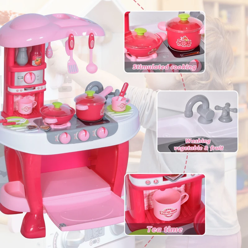 Qaba Kids Kitchen Play Set Pretend Toy Children Role Play Game Toy with Light & Sound Function  38Pcs Toy Accessories - Pink