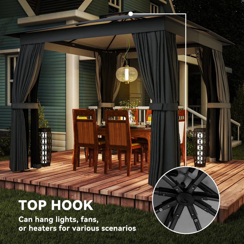Outsunny 10' x 10' Outdoor Patio Gazebo, Soft Top Gazebo Canopy Shelter with Curtains, Netting, Steel Frame, Hook, Dark Gray