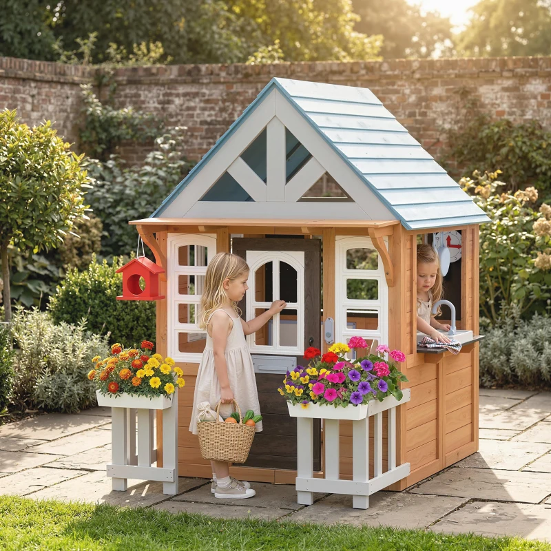 Qaba Wooden Kids Playhouse with Pet Door, Play Kitchen, Mailbox, Doorbell, Birdhouse, Fence and Windows for Pretend Play
