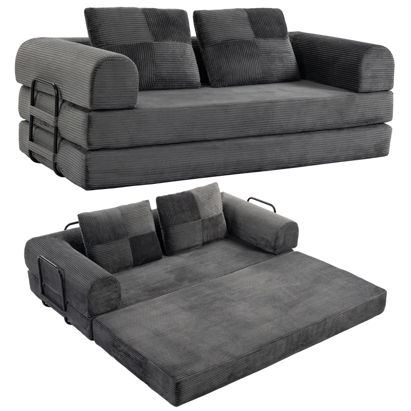 HOMCOM 5-in-1 Convertible Sofa Bed, L-Shaped Loveseat Reversible Sleeper Sofa with 2 Pillows, Dark Grey