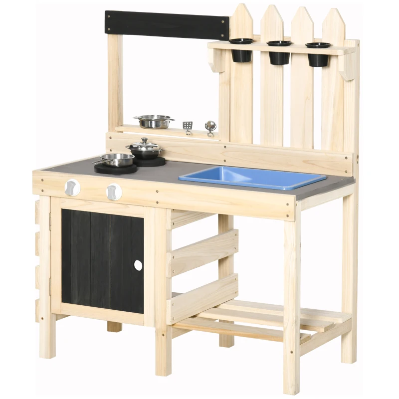 Outsunny Outdoor Kitchen Play Set with Frying Pan, Pretend Play Mud Kitchen for Kids with Removable Sink, Wooden Kitchen Set for Ages 3-7, with Planting Pots, Shelf, Cabinets